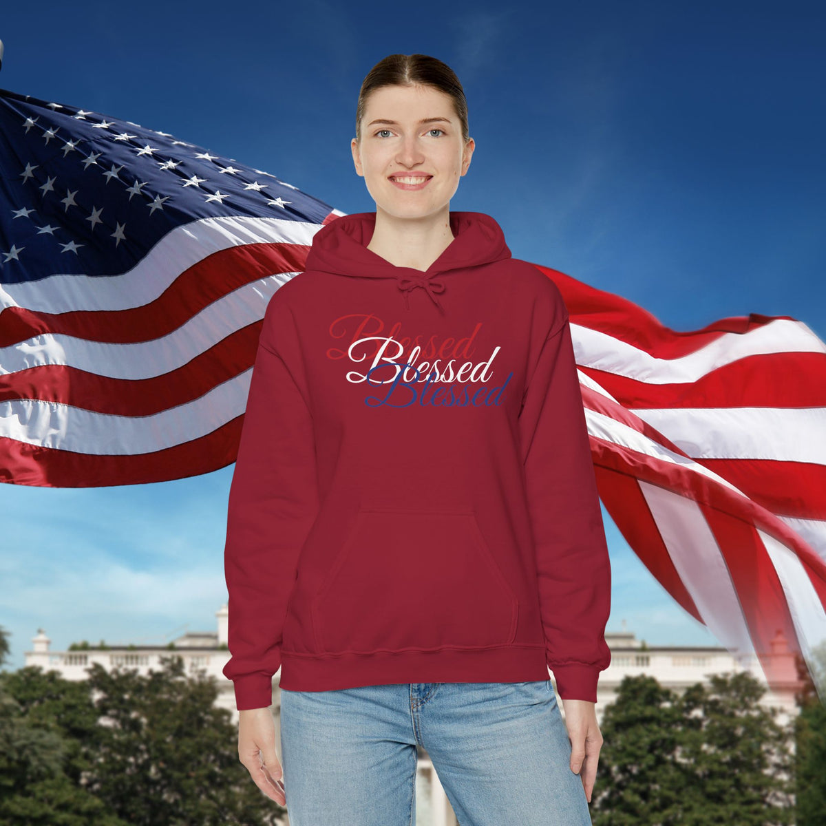 Blessed Hoodie - Patriotic Red White Blue - Unisex Pullover - Front & Back Print - S-5XL