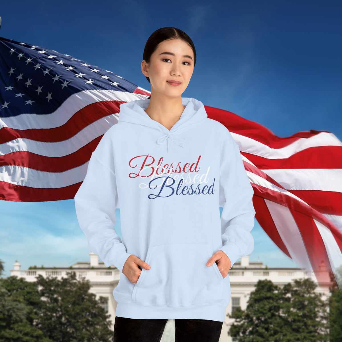 Blessed Hoodie - Patriotic Red White Blue - Unisex Pullover - Front & Back Print - S-5XL