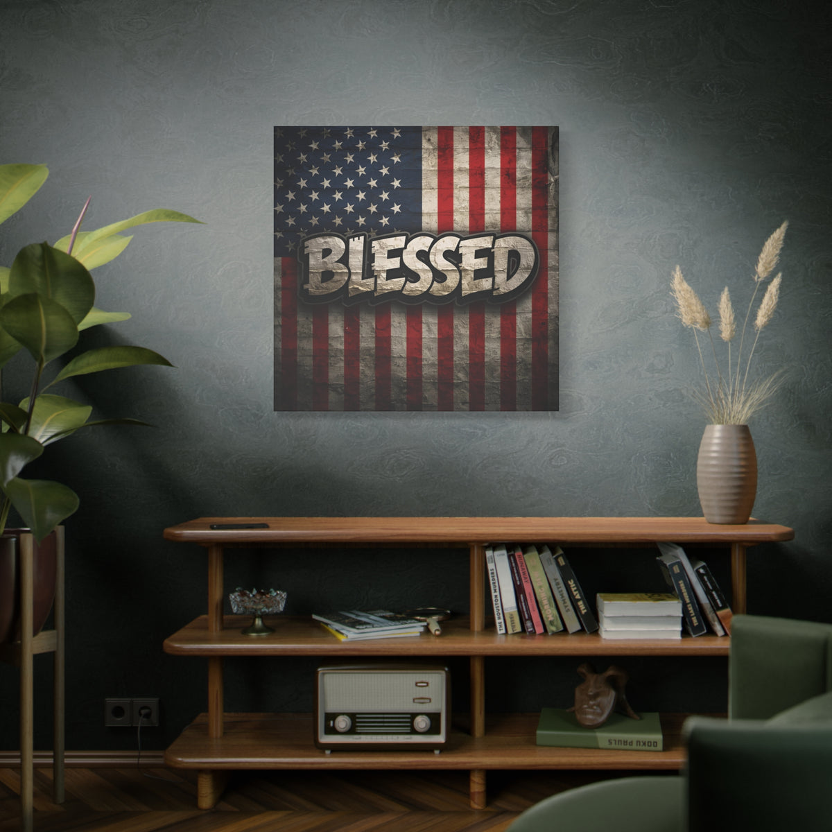 Blessed Vintage American Flag Canvas Wall Art - Patriotic Home Decor