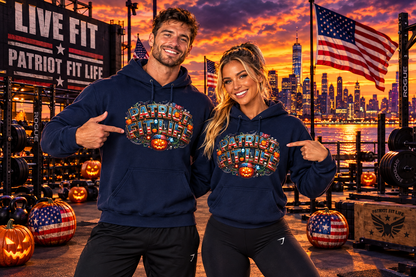 Patriot Fit Life Halloween Pumpkin Haunted House Hoodie - Vintage Spooky Scene