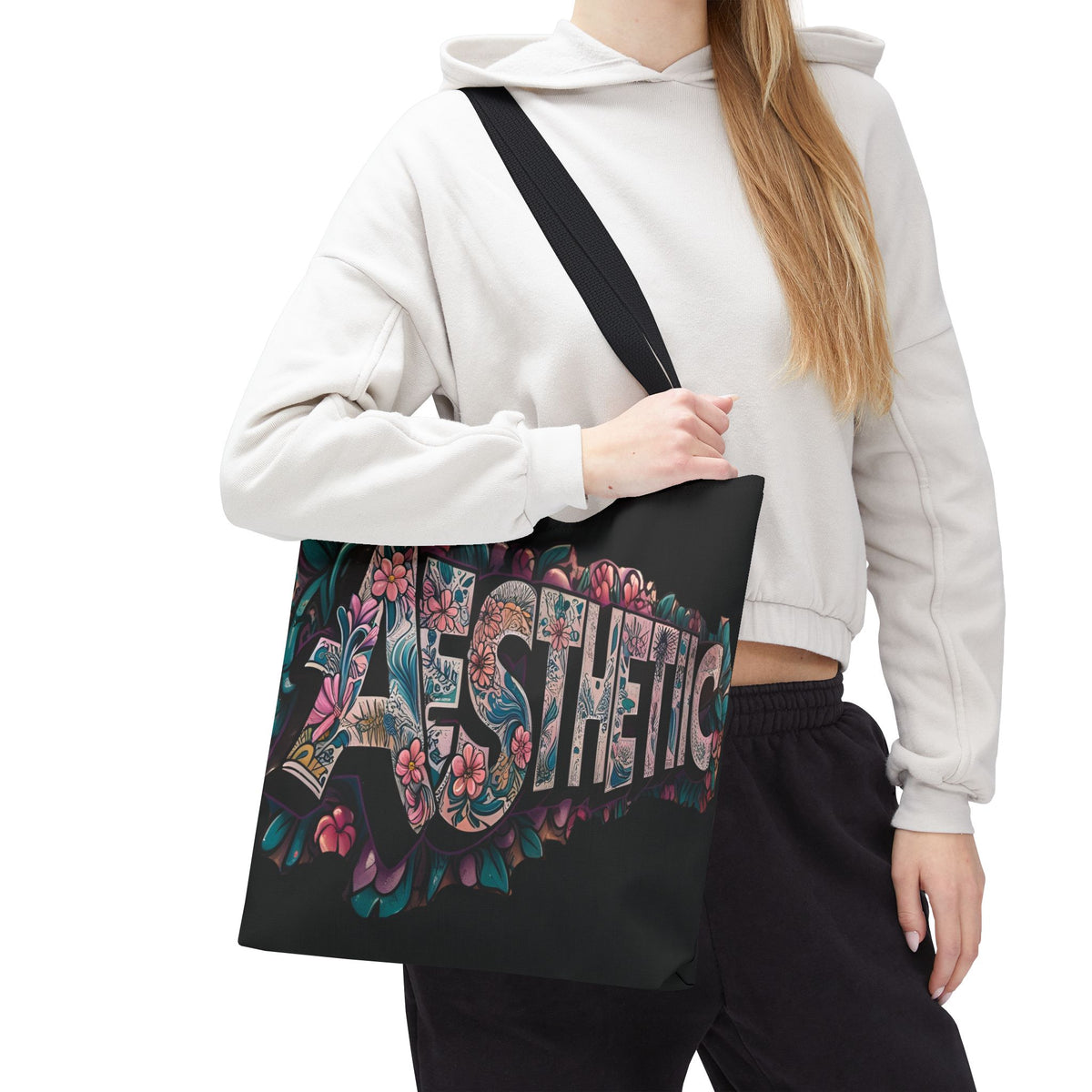 Aesthetic Black Floral Tote Bag - Eco-Friendly Shopping Bag - 3 Sizes