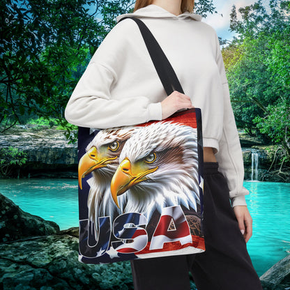 Patriotic - USA - Bald Eagles - Tote Bag - All Over Print - American Flag Design - Five Different Handle Colors - Red - Navy - Black - Beige - White- Different Print On Both Sides