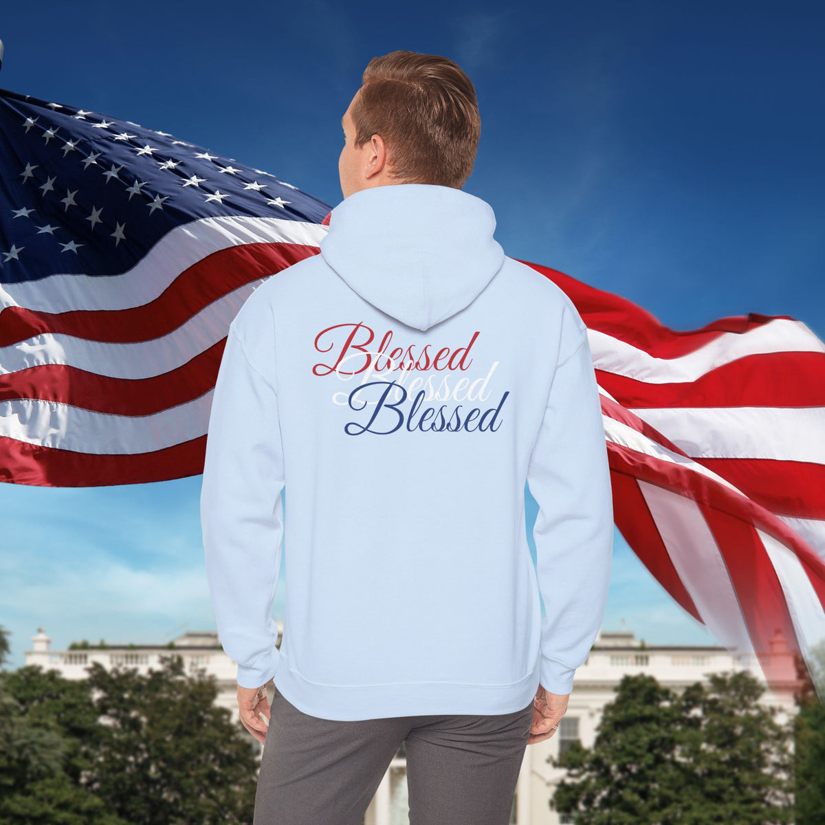 Blessed Hoodie - Patriotic Red White Blue - Unisex Pullover - Front & Back Print - S-5XL