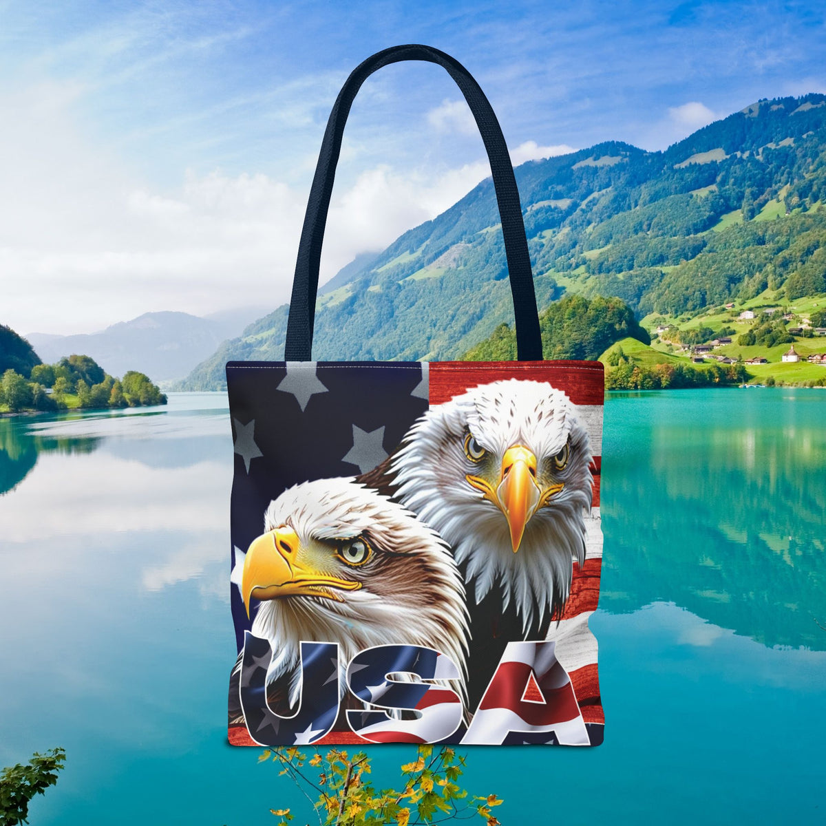 Patriotic - USA - Bald Eagles - Tote Bag - All Over Print - American Flag Design - Five Different Handle Colors - Red - Navy - Black - Beige - White- Different Print On Both Sides