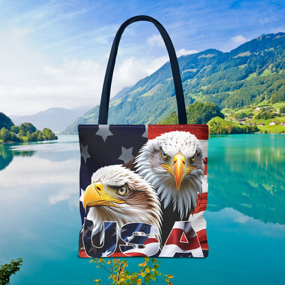 Patriotic - USA - Bald Eagles - Tote Bag - All Over Print - American Flag Design - Five Different Handle Colors - Red - Navy - Black - Beige - White- Different Print On Both Sides