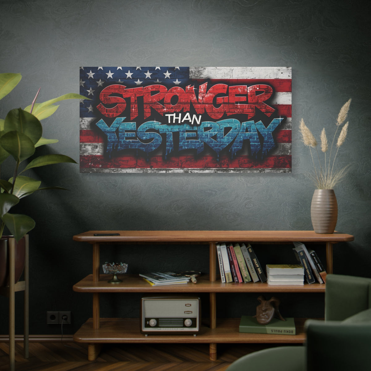 Stronger Than Yesterday Canvas Wall Art - Patriotic Fitness Motivation