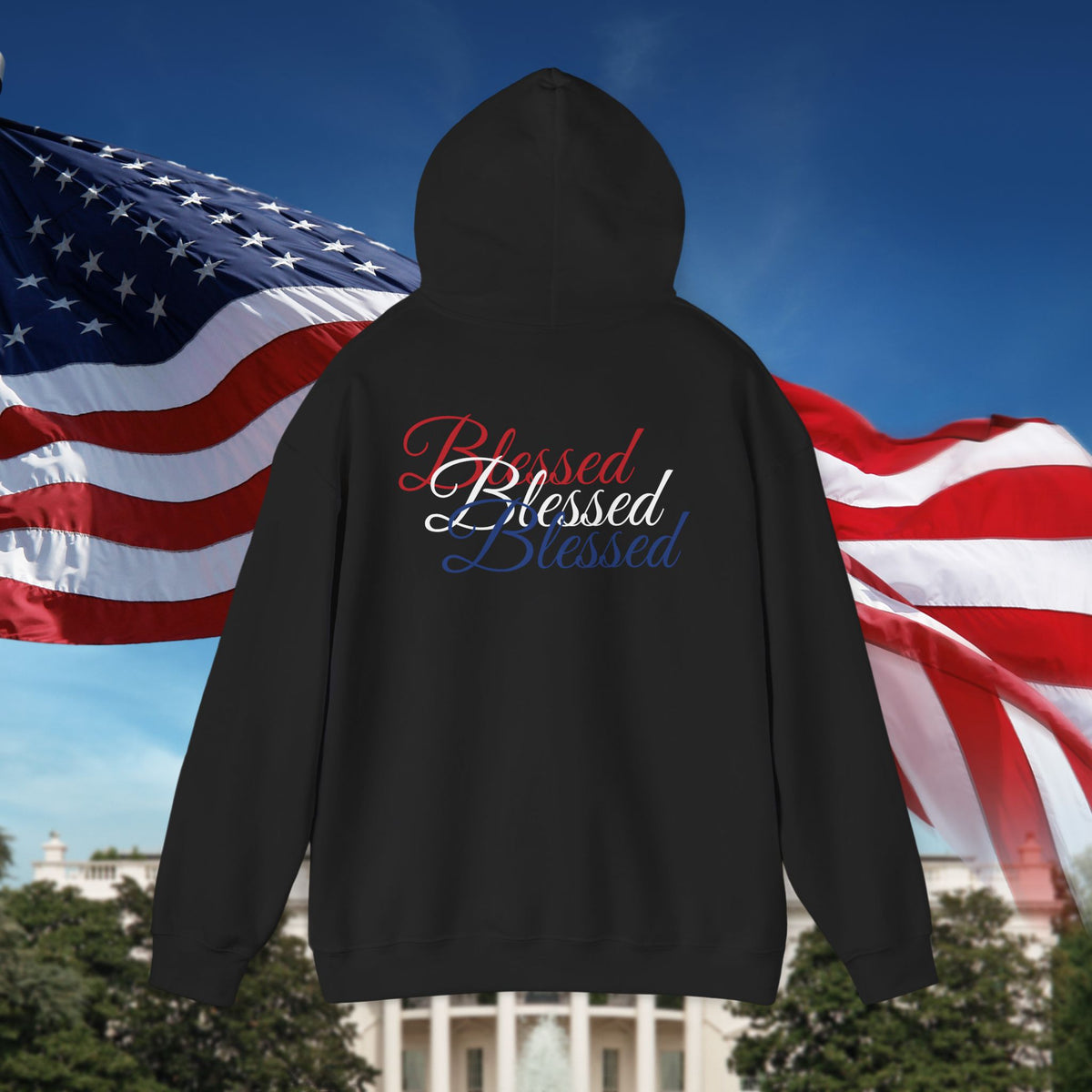 Blessed Hoodie - Patriotic Red White Blue - Unisex Pullover - Front & Back Print - S-5XL