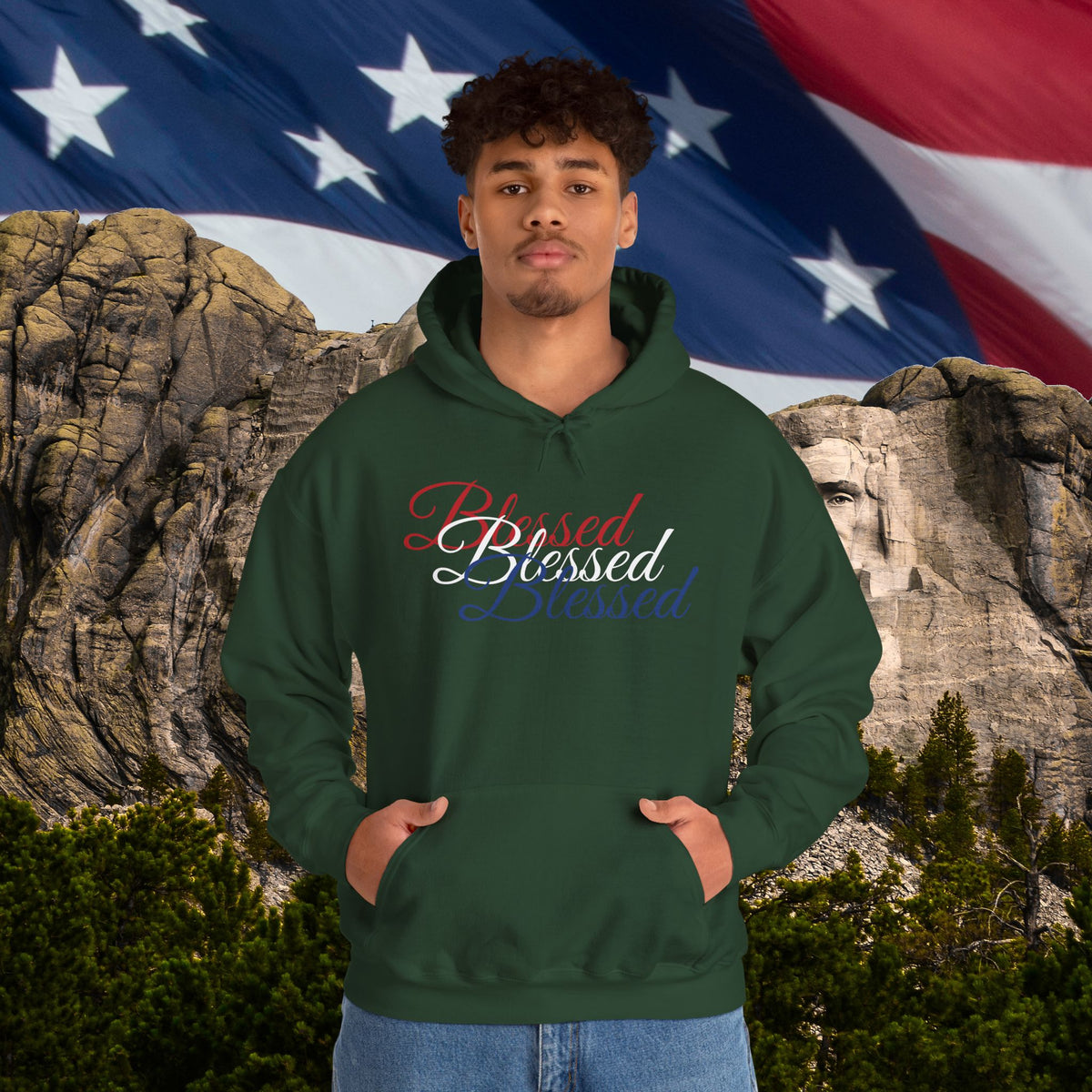 Blessed Hoodie - Patriotic Red White Blue - Unisex Pullover - Front & Back Print - S-5XL