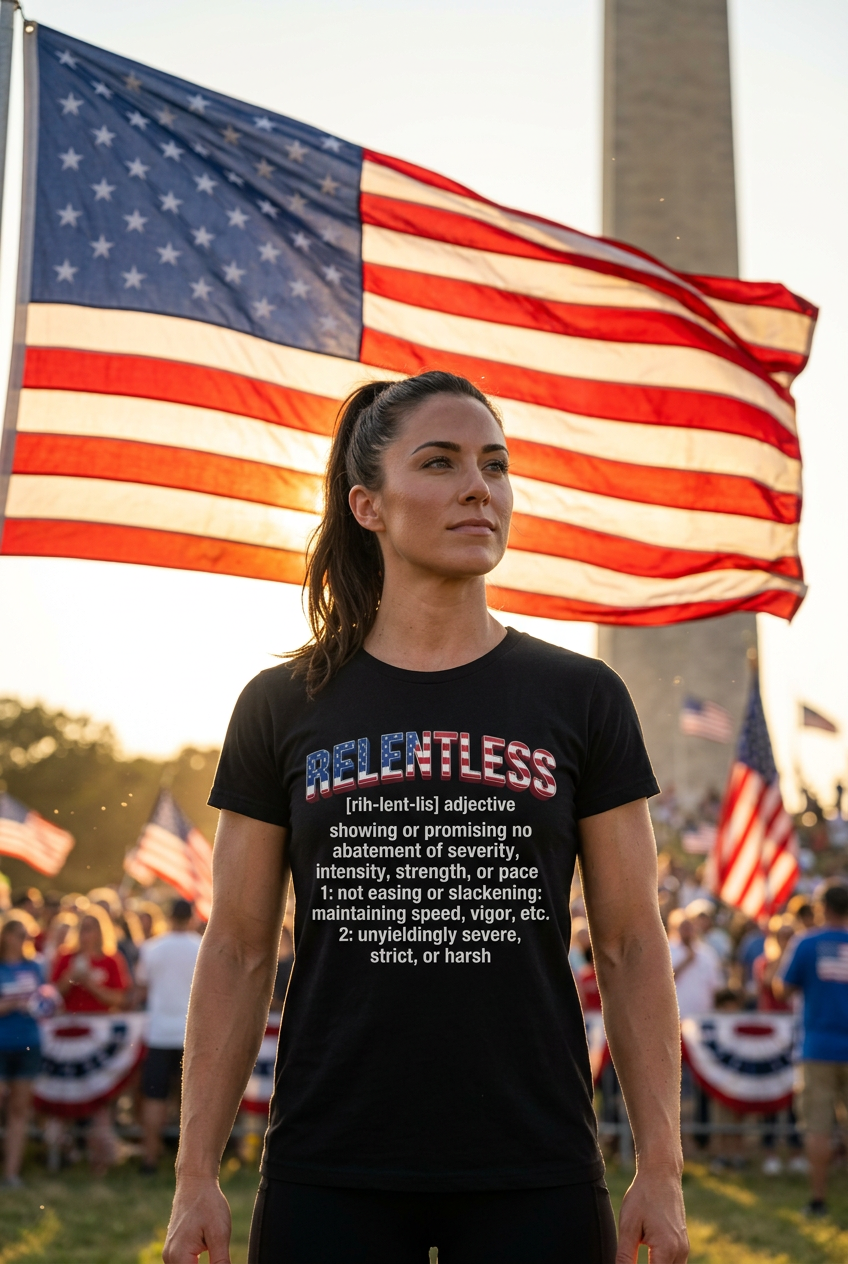 A woman stands outdoors in front of a large American flag and the Washington Monument, wearing a black graphic T-shirt with a red, white, and blue slogan that reads 'RELENTLESS' and a dictionary-style definition below.