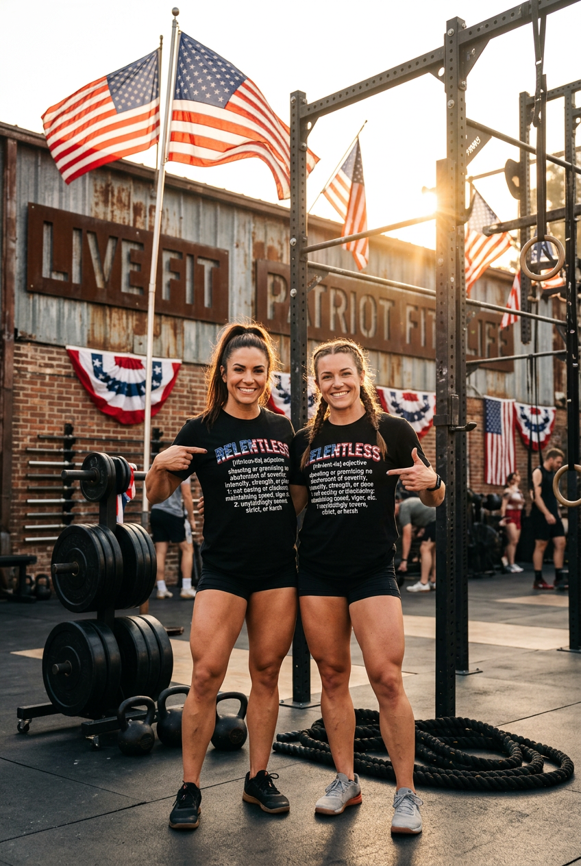 Two women standing in a rustic CrossFit gym wearing matching black t-shirts with the text 'RELENTLESS' printed in red, white, and blue. The background features American flags, a brick wall with 'LIVE FIT PATRIOT FITNESS' signs, and various gym equipment.