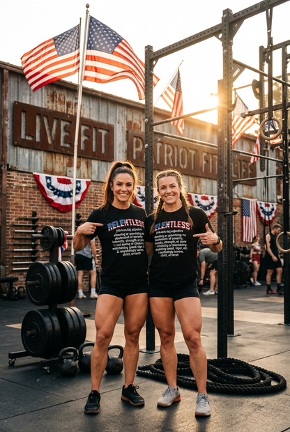 Two women standing in a rustic CrossFit gym wearing matching black t-shirts with the text 'RELENTLESS' printed in red, white, and blue. The background features American flags, a brick wall with 'LIVE FIT PATRIOT FITNESS' signs, and various gym equipment.