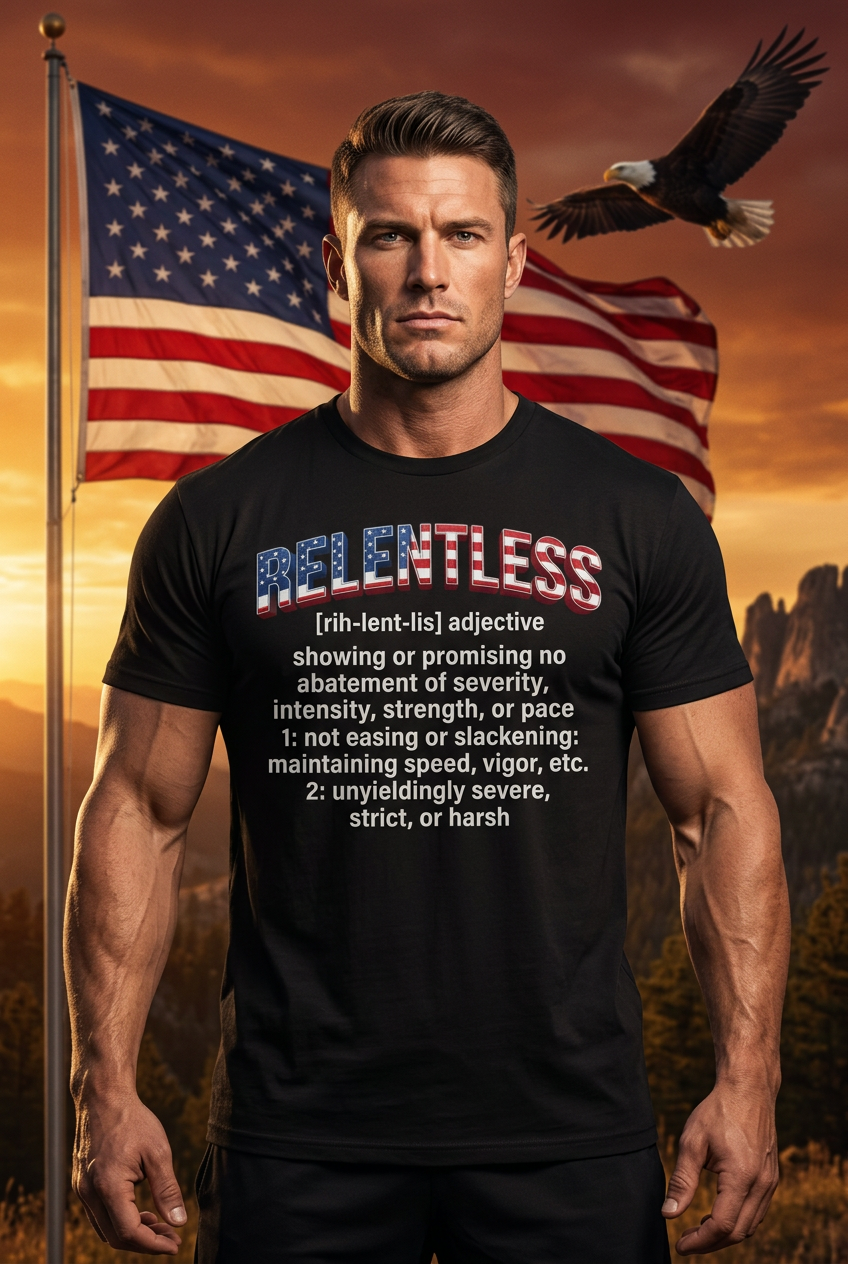 A muscular man wearing a black graphic t-shirt with the word 'RELENTLESS' in American flag colors and a dictionary-style definition printed below. The background features a large American flag, a flying bald eagle, and a warm sunset sky.