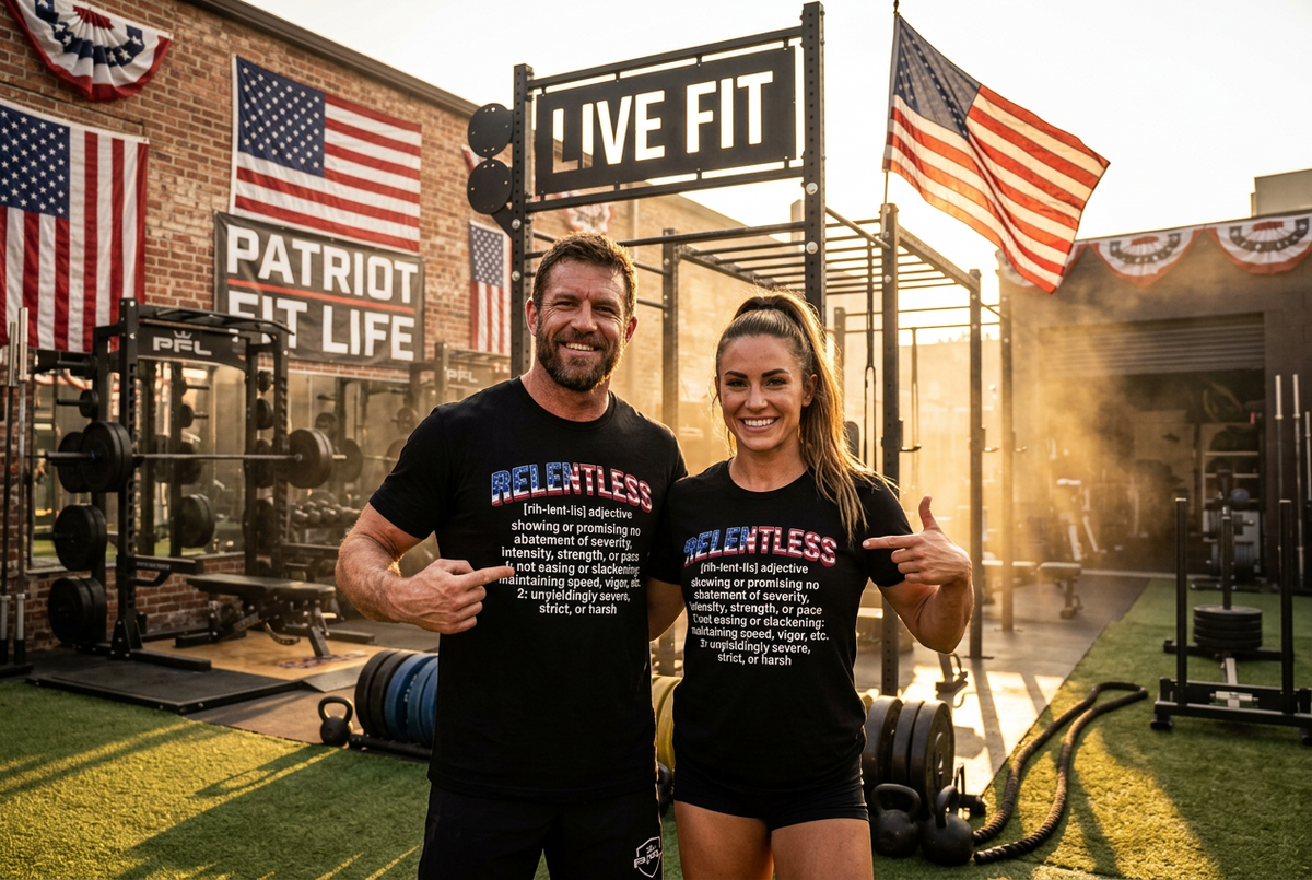 A man and a woman standing in a gym wearing matching black t-shirts with the word 'RELENTLESS' printed in red, white, and blue text on the chest. The background features a brick wall with American flags, a 'LIVE FIT' sign, and gym equipment.