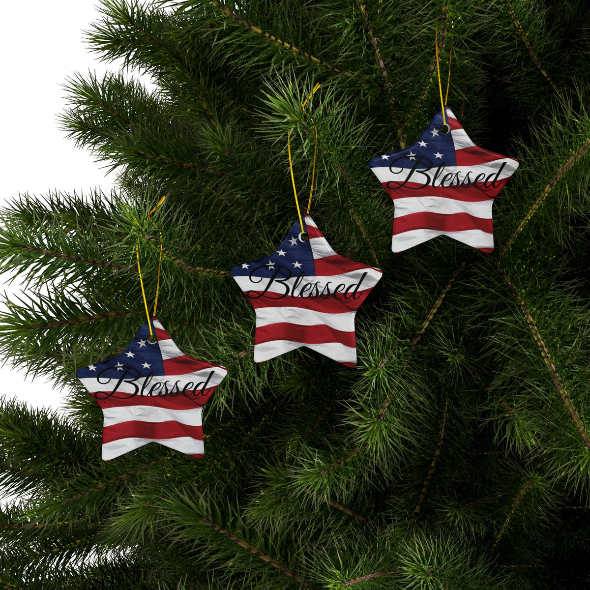 Ceramic Ornaments - Patriotic - Blessed Print - American Flag Backdrop - Red White & Blue