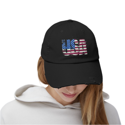 USA Distressed Flag Cap - Unisex Cotton Twill Hat - Patriotic Headwear