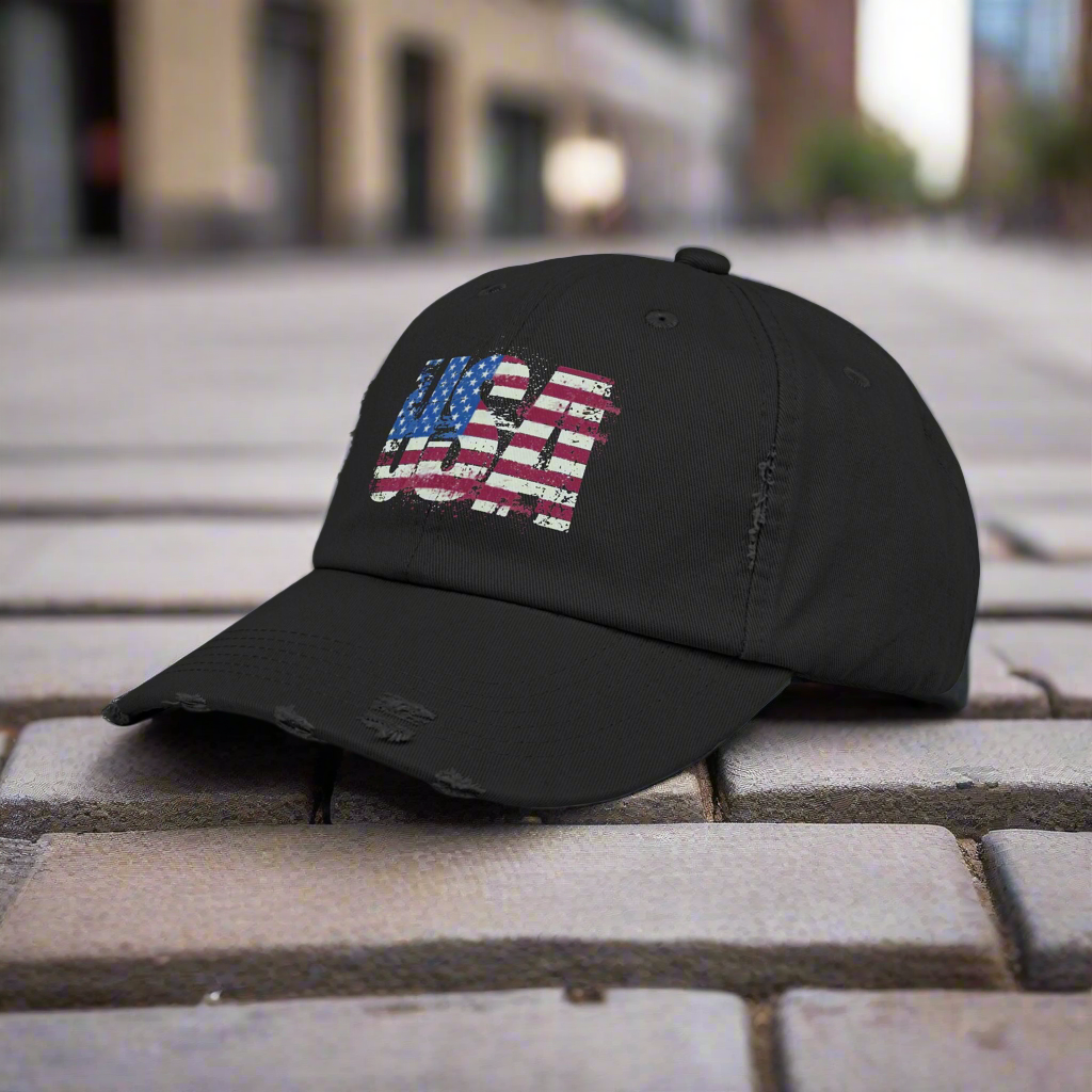 USA Distressed Flag Cap - Unisex Cotton Twill Hat - Patriotic Headwear