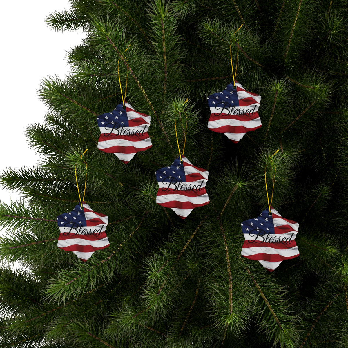 Ceramic Ornaments - Patriotic - Blessed Print - American Flag Backdrop - Red White & Blue