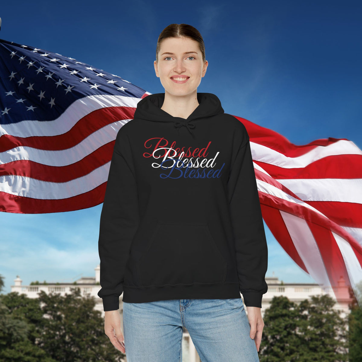 Blessed Hoodie - Patriotic Red White Blue - Unisex Pullover - Front & Back Print - S-5XL