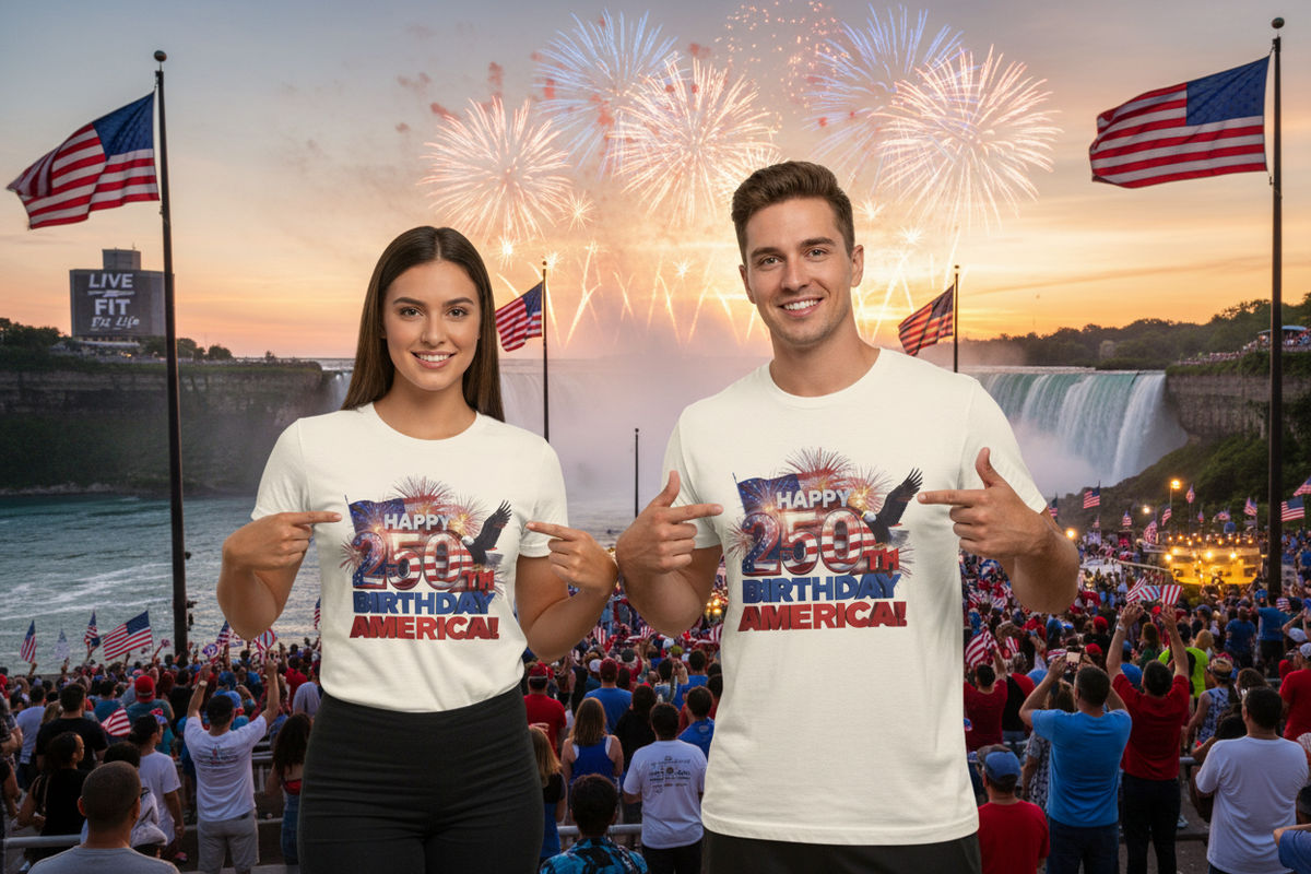 250th Birthday America T-Shirt — Happy Birthday America! Patriotic Eagle & Fireworks Tee