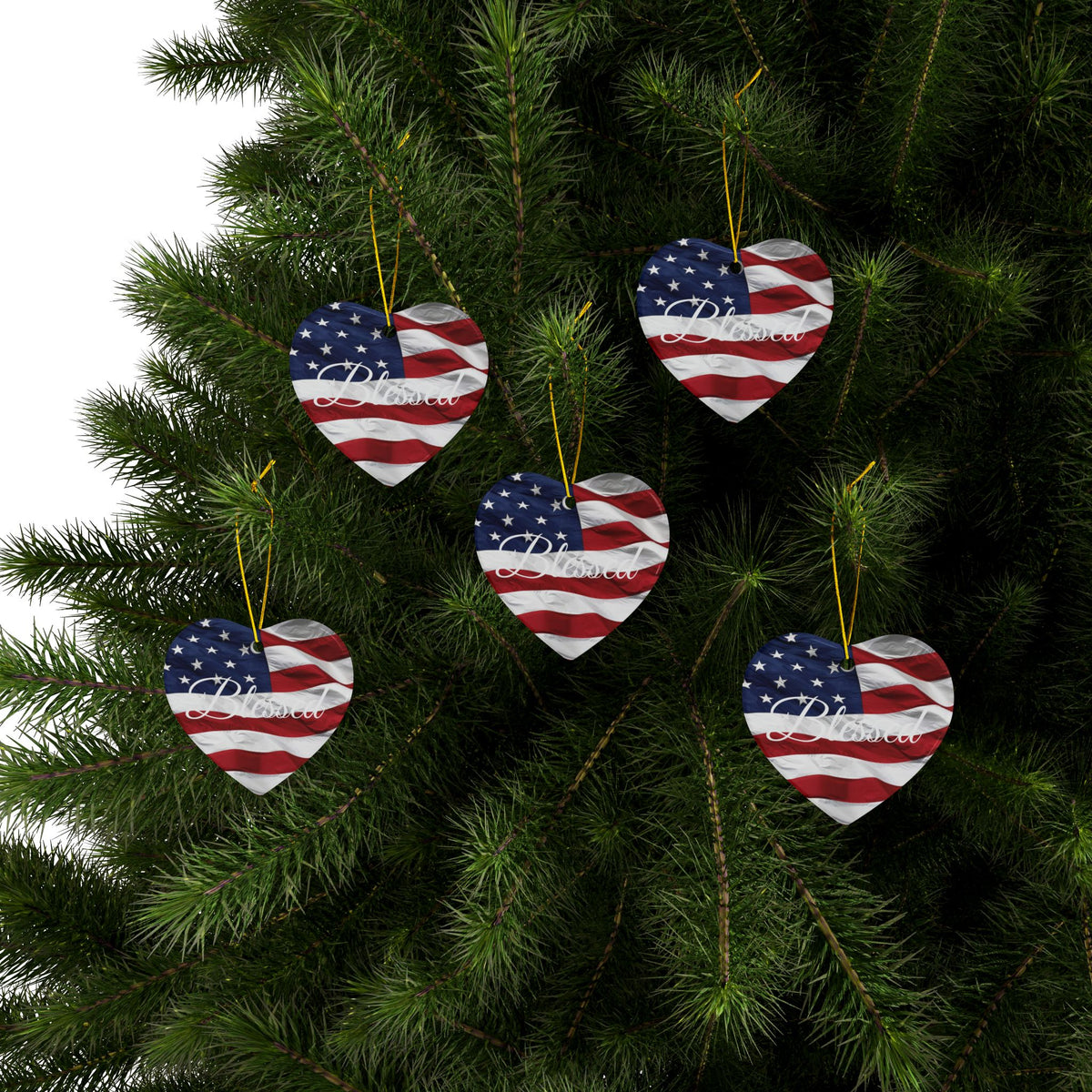 Ceramic Ornaments - White Blessed Print - American Flag Backdrop - Red White & Blue Design (1-10pcs)
