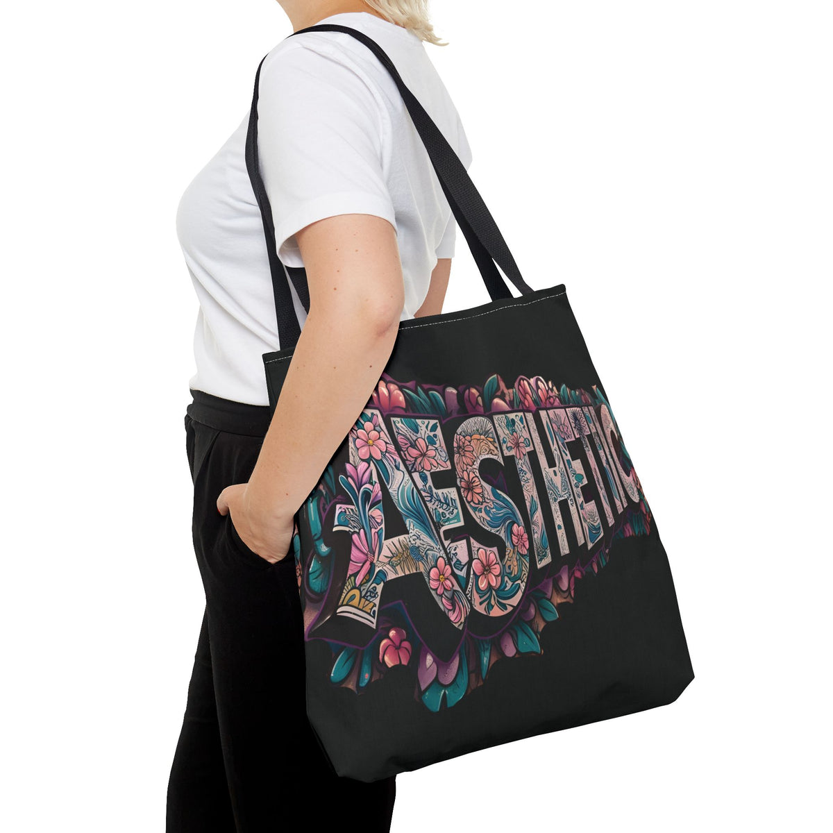 Aesthetic Black Floral Tote Bag - Eco-Friendly Shopping Bag - 3 Sizes