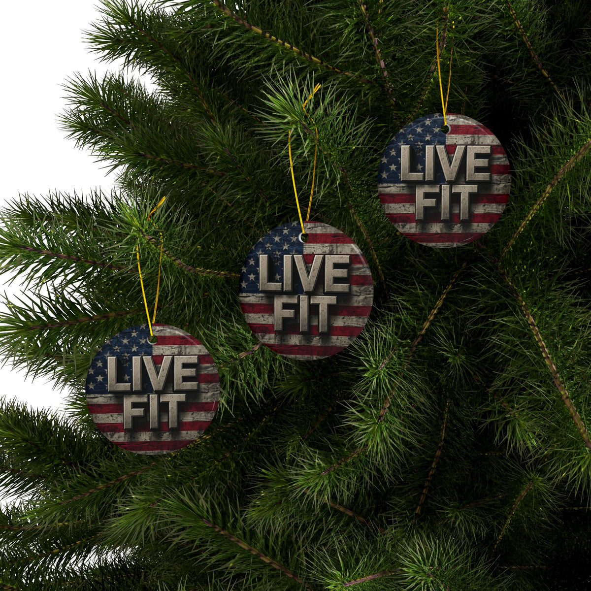 Stunning Patriotic Ceramic Ornaments - Live Fit - Vintage American Flag Backdrop - Decorative Holiday Decor (Various Packs 1-10) - Same Design Both Sides - Fitness