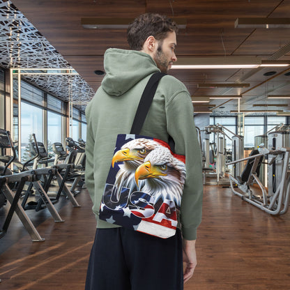 Patriotic - USA - Bald Eagles - Tote Bag - All Over Print - American Flag Design - Five Different Handle Colors - Red - Navy - Black - Beige - White- Different Print On Both Sides
