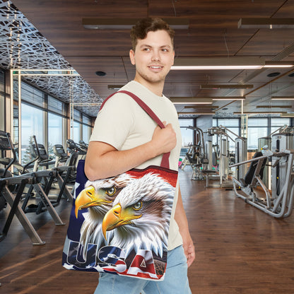 Patriotic - USA - Bald Eagles - Tote Bag - All Over Print - American Flag Design - Five Different Handle Colors - Red - Navy - Black - Beige - White- Different Print On Both Sides