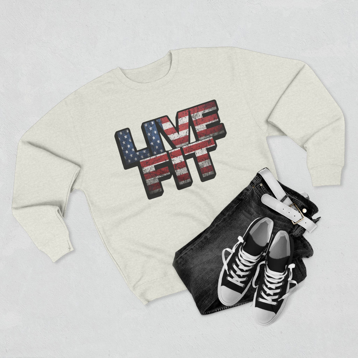 Patriotic Fitness Sweatshirt - American Flag LIVE FIT Design - Red White Blue Crewneck - Unisex S-3XL
