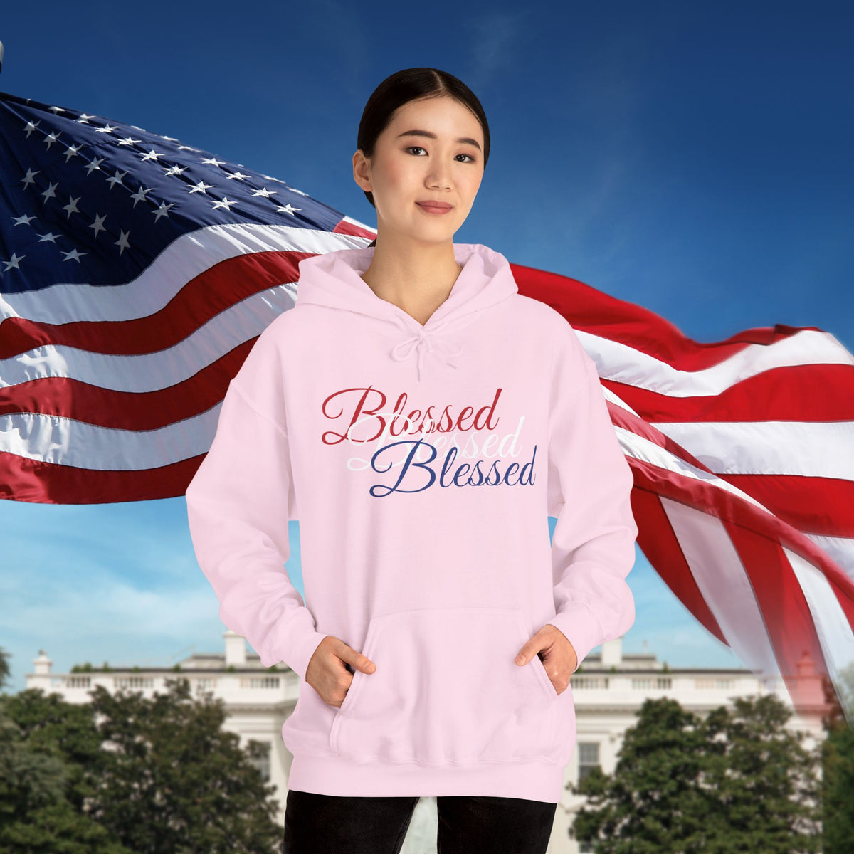 Blessed Hoodie - Patriotic Red White Blue - Unisex Pullover - Front & Back Print - S-5XL