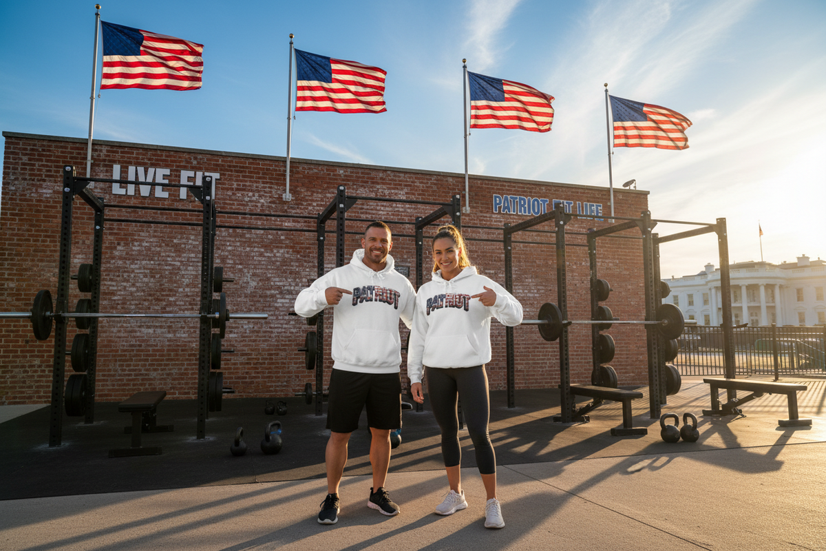 A man and a woman standing in front of a brick gym building with American flags and the White House in the background, wearing matching white hoodies with 'PATRIOT' printed across the front.