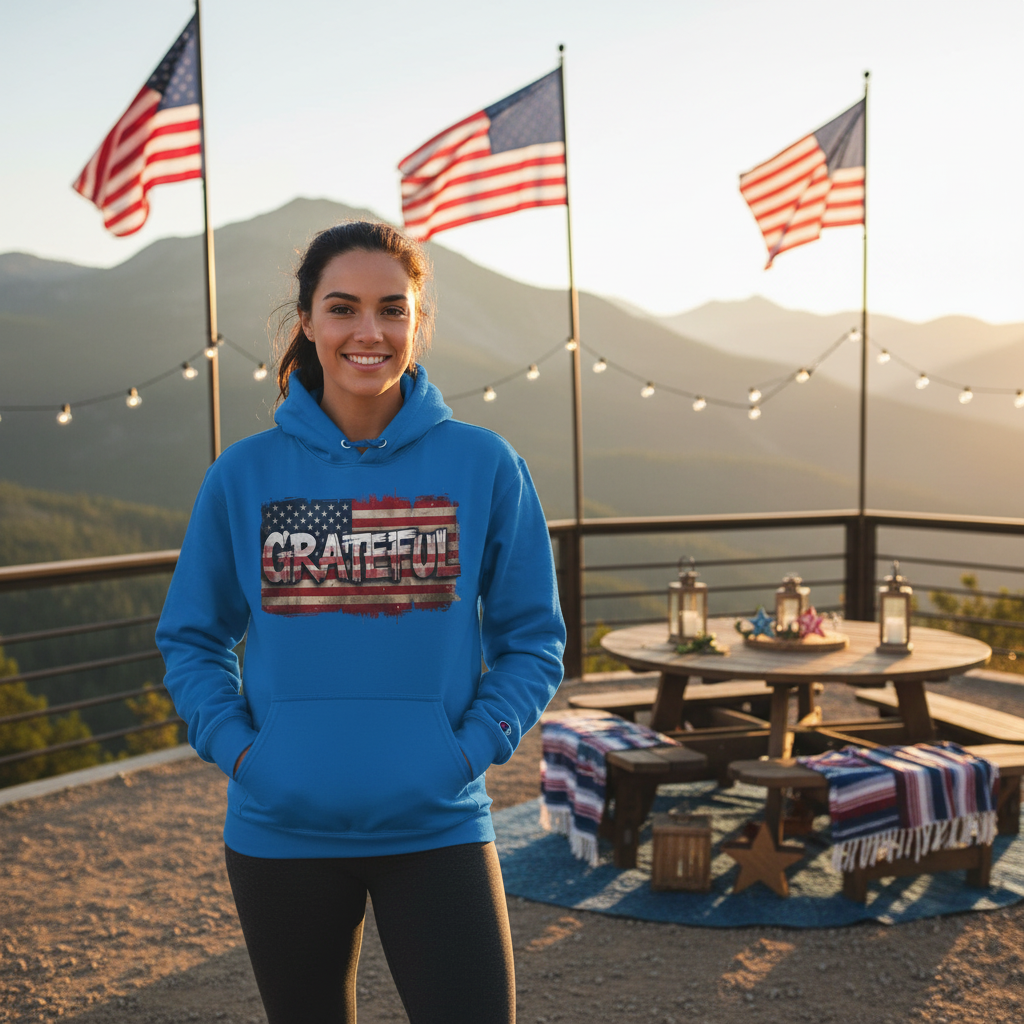 Grateful - Champion Hoodie - Vintage American Flag Design - Red White Blue - Unisex S-3XL