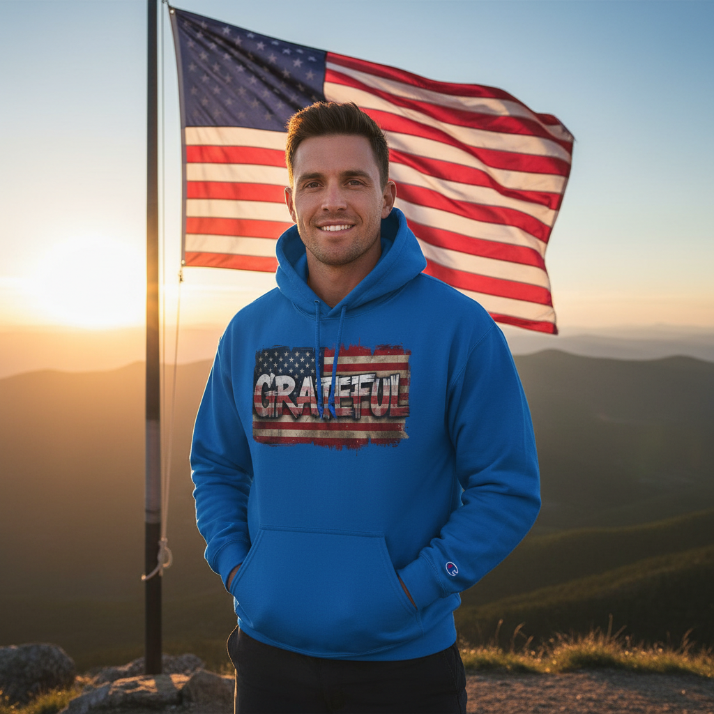 Grateful - Champion Hoodie - Vintage American Flag Design - Red White Blue - Unisex S-3XL