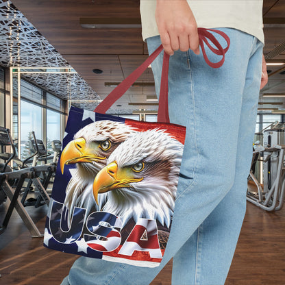 Patriotic - USA - Bald Eagles - Tote Bag - All Over Print - American Flag Design - Five Different Handle Colors - Red - Navy - Black - Beige - White- Different Print On Both Sides