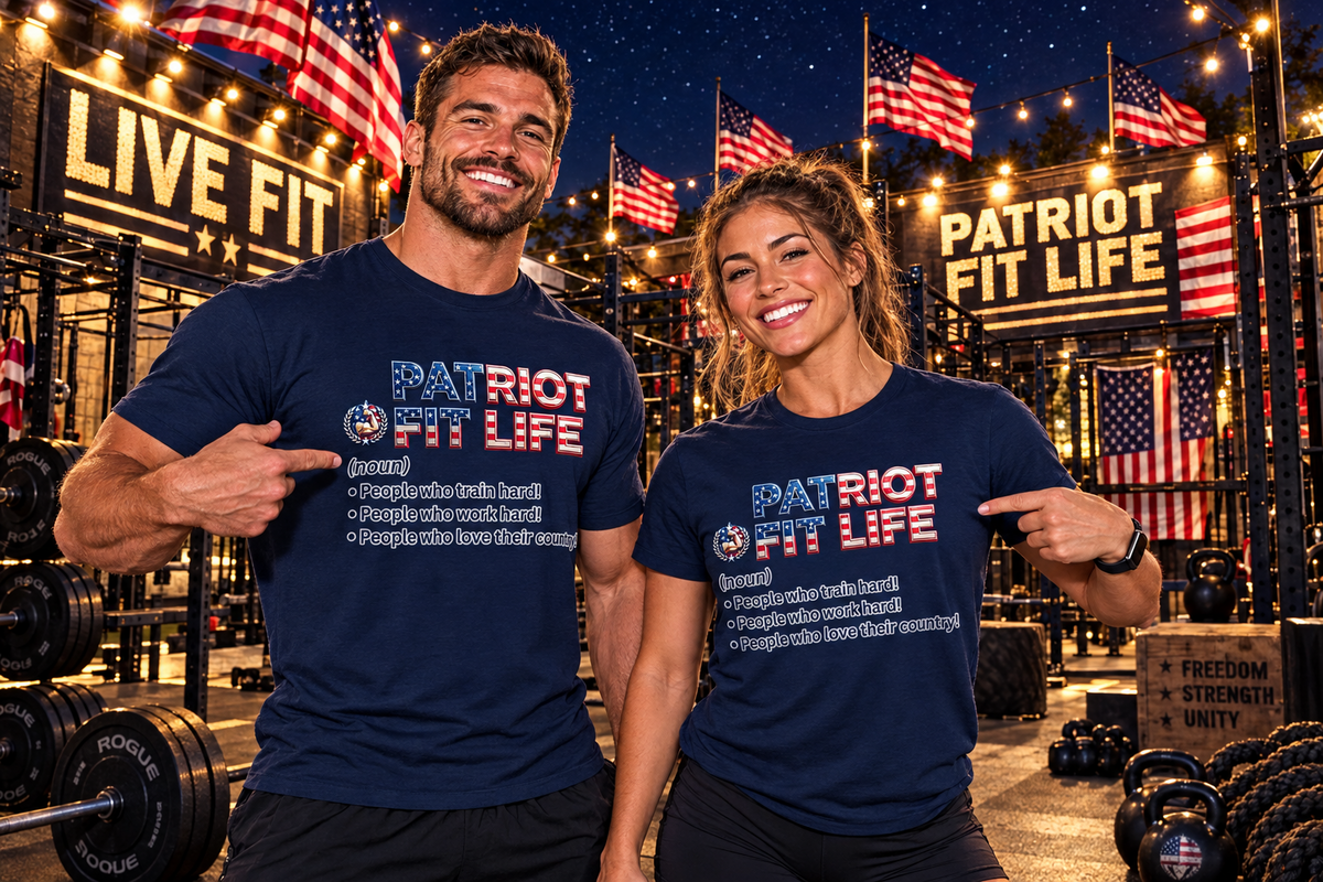 A man and a woman standing in a gym wearing matching navy blue t-shirts with the text 'PATRIOT FIT LIFE' and a bulleted list of values. The background features a lit gym scene with American flags, weight racks, and signs reading 'LIVE FIT' and 'PATRIOT FIT LIFE'.