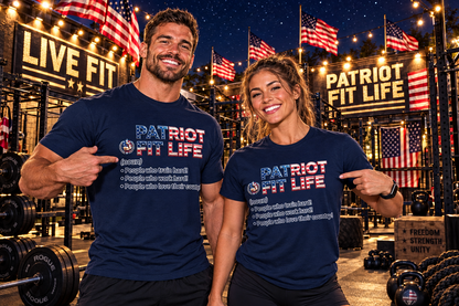 A man and a woman standing in a gym wearing matching navy blue t-shirts with the text 'PATRIOT FIT LIFE' and a bulleted list of values. The background features a lit gym scene with American flags, weight racks, and signs reading 'LIVE FIT' and 'PATRIOT FIT LIFE'.