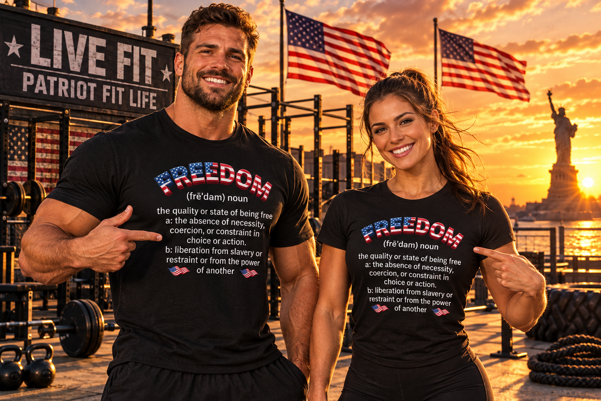 Two smiling fit people standing in a gym at sunset wearing matching black T-shirts with a patriotic 'FREEDOM' graphic and American flag details. Background includes flags, weights, and Statue of Liberty at sunset.