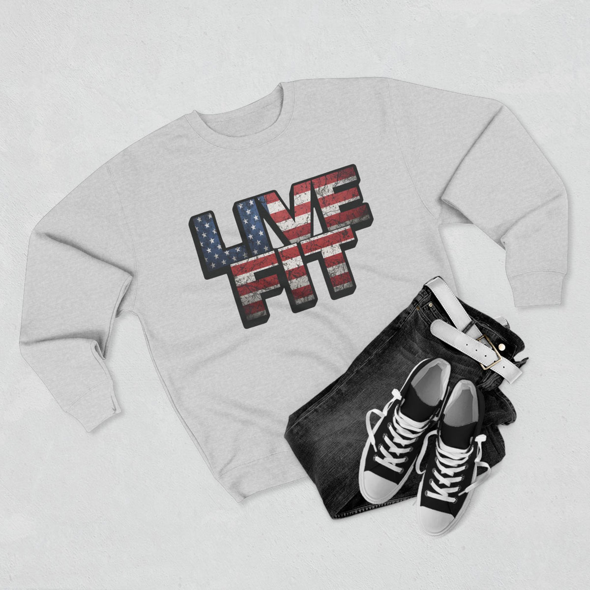 Patriotic Fitness Sweatshirt - American Flag LIVE FIT Design - Red White Blue Crewneck - Unisex S-3XL