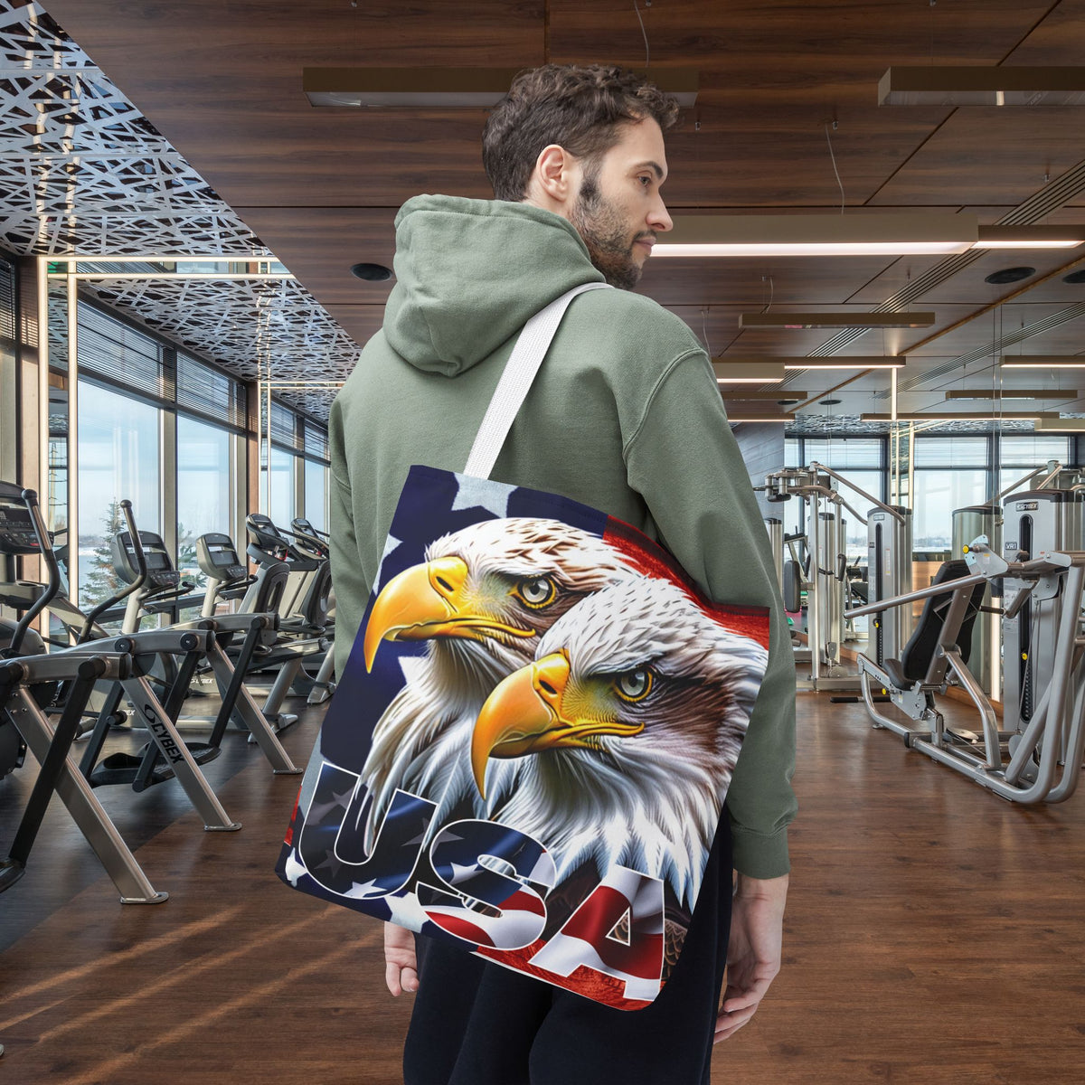 Patriotic - USA - Bald Eagles - Tote Bag - All Over Print - American Flag Design - Five Different Handle Colors - Red - Navy - Black - Beige - White- Different Print On Both Sides