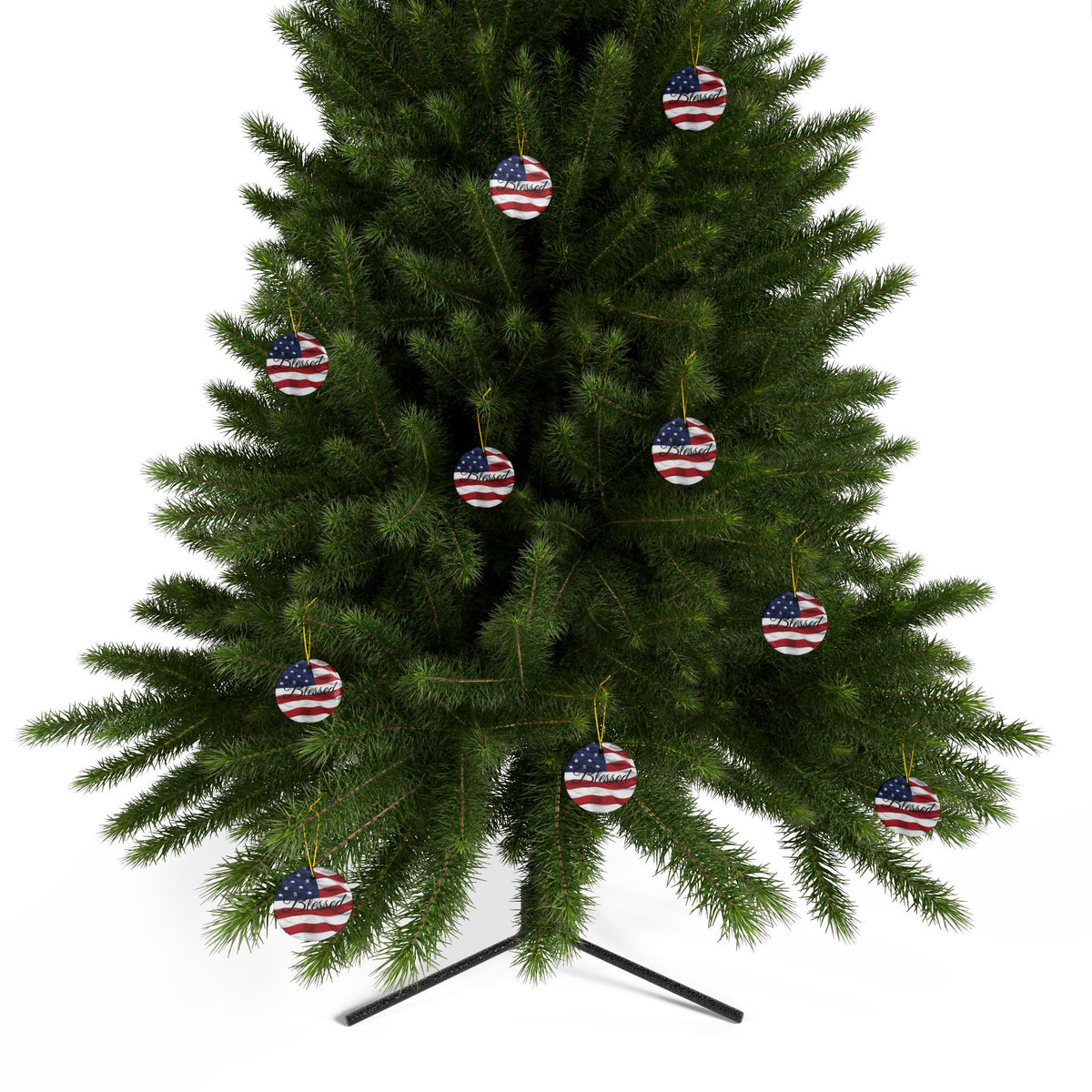 Ceramic Ornaments - Patriotic - Blessed Print - American Flag Backdrop - Red White & Blue
