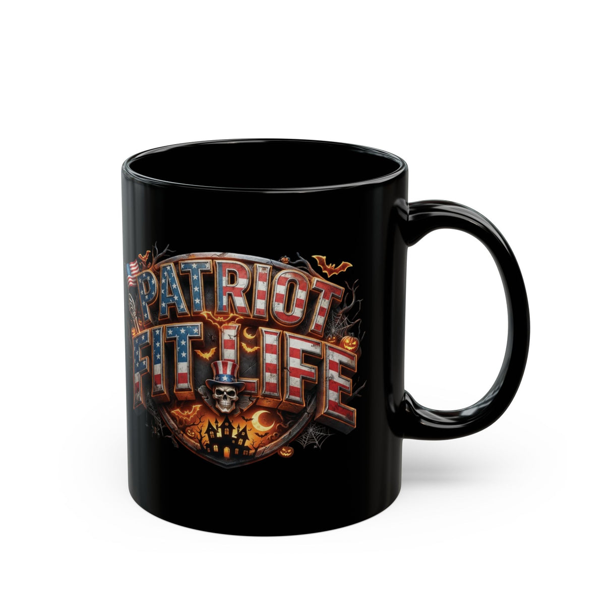 Patriot Fit Life Halloween Coffee Mug - Skull Crest Haunted Flag Graphic | Gothic Edition | 11oz & 15oz