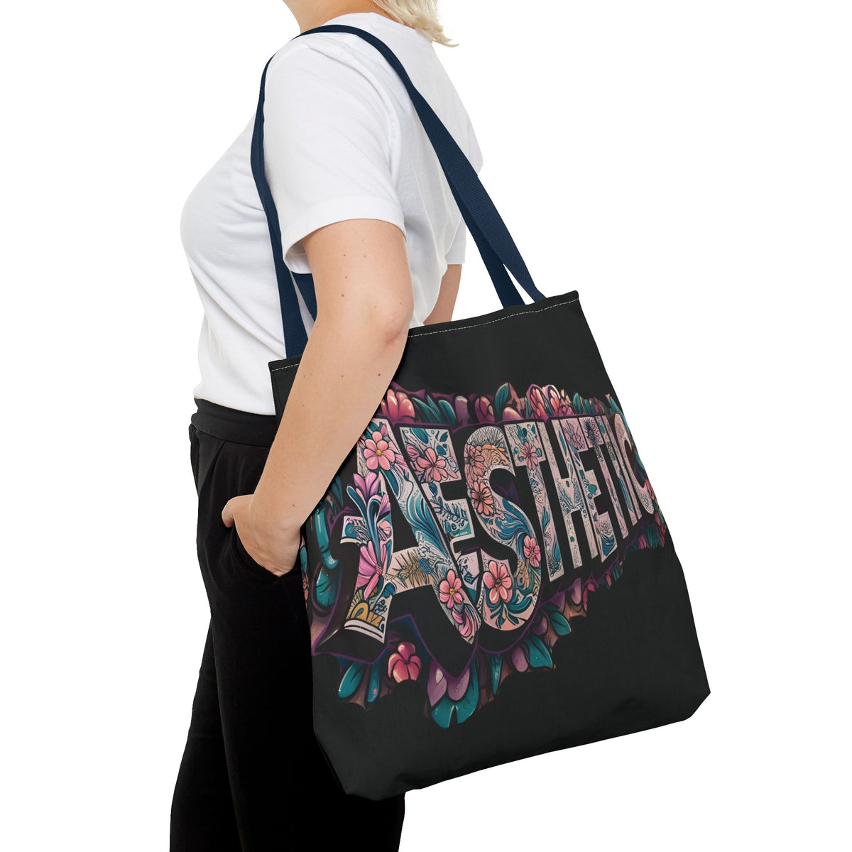 Aesthetic Black Floral Tote Bag - Eco-Friendly Shopping Bag - 3 Sizes