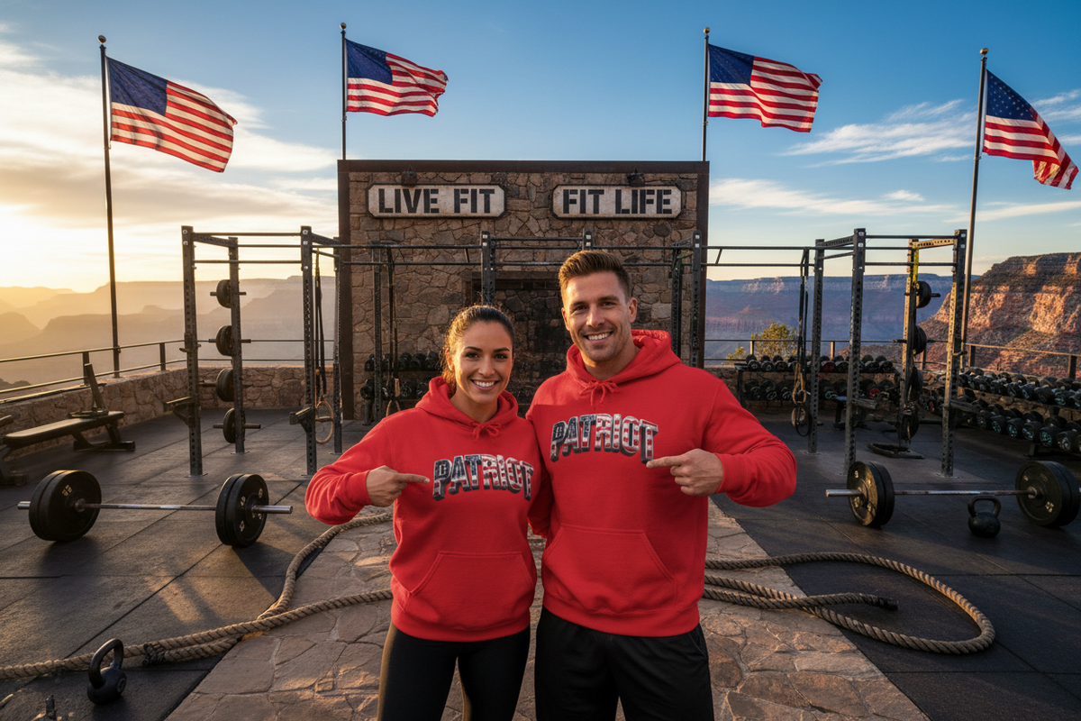 Two smiling people standing on a rooftop gym terrace at sunset, wearing matching red hoodies with 'PATRIOT' printed across the chest. American flags, weight racks, ropes, and a canyon view are visible in the background.