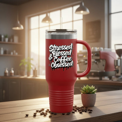 Stressed Blessed & Coffee Obsessed 40oz Travel Mug - Insulated - 7 Colors