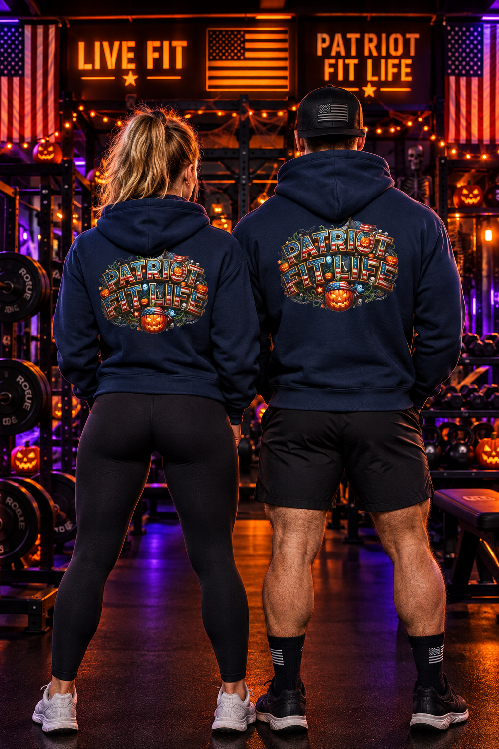 Patriot Fit Life Halloween Hoodie - Haunted Marquee Flag Graphic | Skeleton Pumpkin | Unisex S-5XL