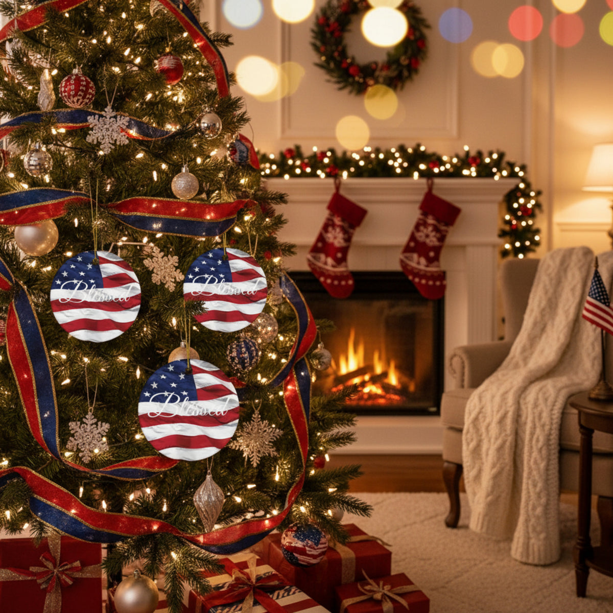 Ceramic Ornaments - White Blessed Print - American Flag Backdrop - Red White & Blue Design (1-10pcs)