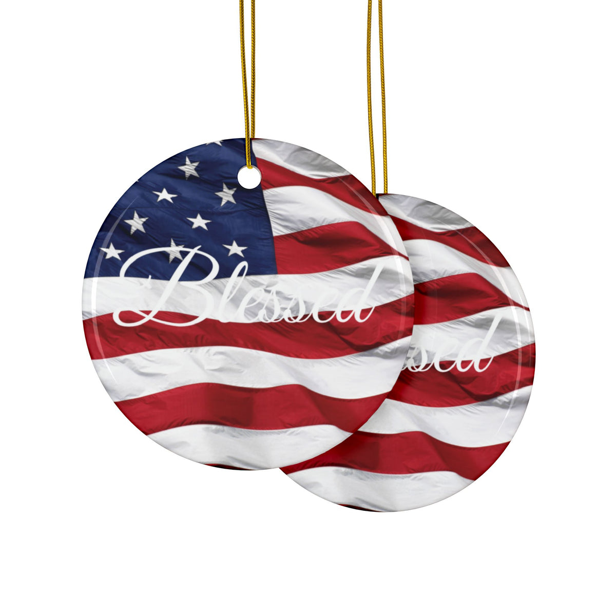 Ceramic Ornaments - White Blessed Print - American Flag Backdrop - Red White & Blue Design (1-10pcs)