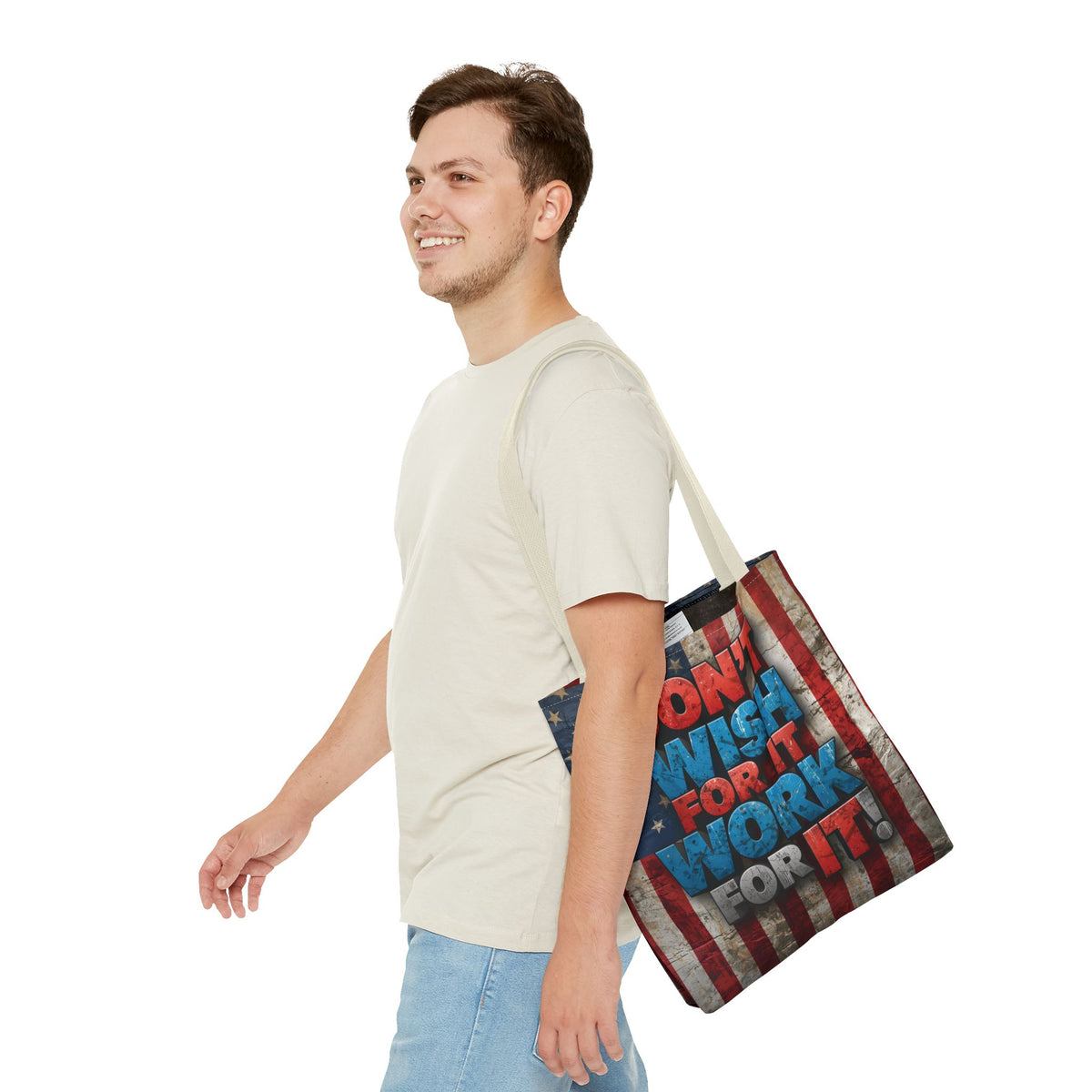 Motivational Tote Bag - Vintage American Flag Design - Don't Wish For It Work For It! - Gym - Grocery - Travel - Gifts - Everyday Carry