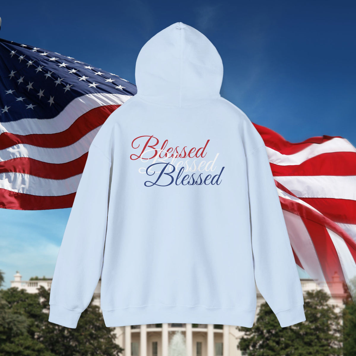 Blessed Hoodie - Patriotic Red White Blue - Unisex Pullover - Front & Back Print - S-5XL