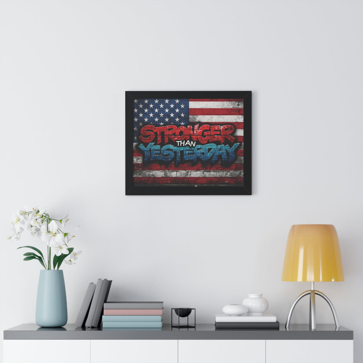Patriotic Stronger Than Yesterday - Red White Blue - Wall Art Print, Framed Horizontal Poster, Inspirational Home Decor, Gift for Veterans, Americana Decor, Motivational Art